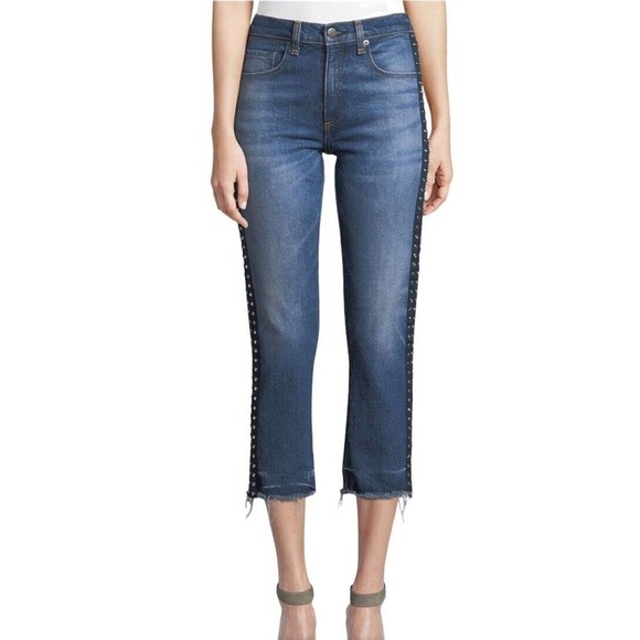 Veronica Beard Ines Cropped Straight-Leg Girlfriend Jeans 28 Blue Rhinestones - Picture 5 of 16